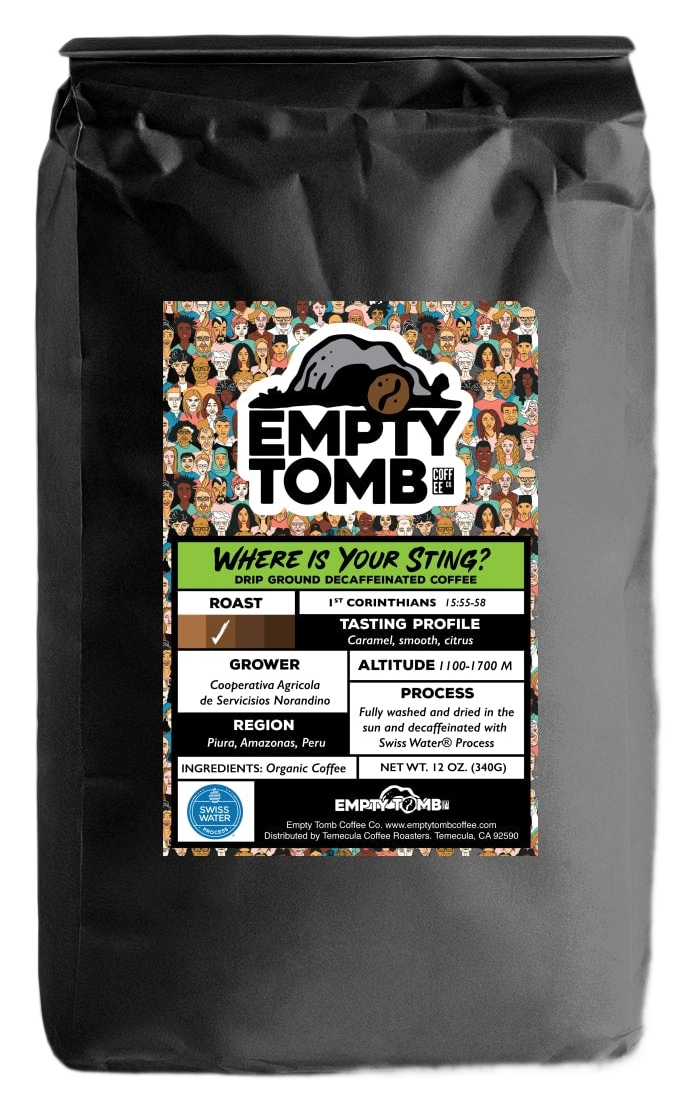 Where Is Your Sting organic Swiss Water decaf, 12 oz bag